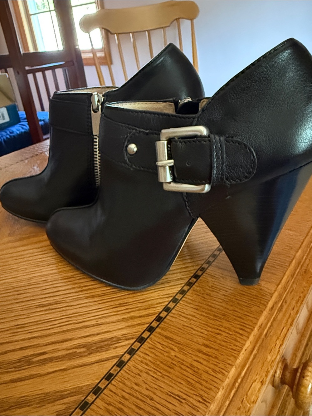 Michael Kors Black Leather Heeled Ankle Boots with Buckle